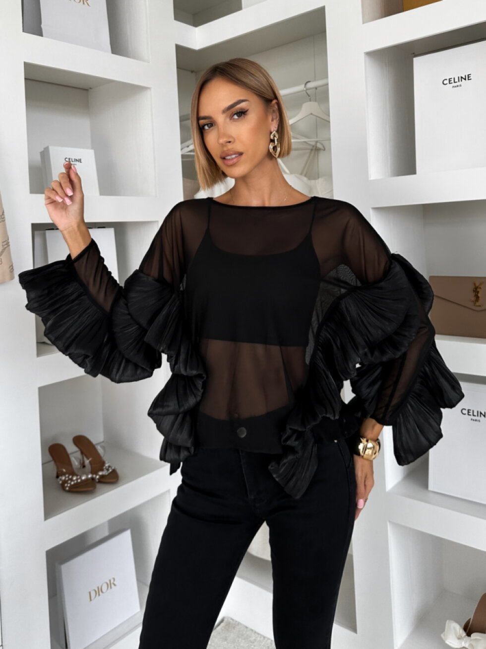 Černá volánková transparentní halenka LIORA