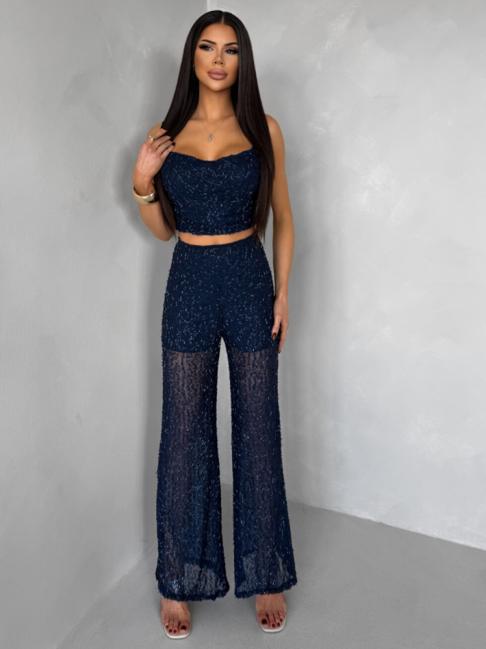 Tmavě modrý třpytivý luxusní kalhotový komplet NIMEA