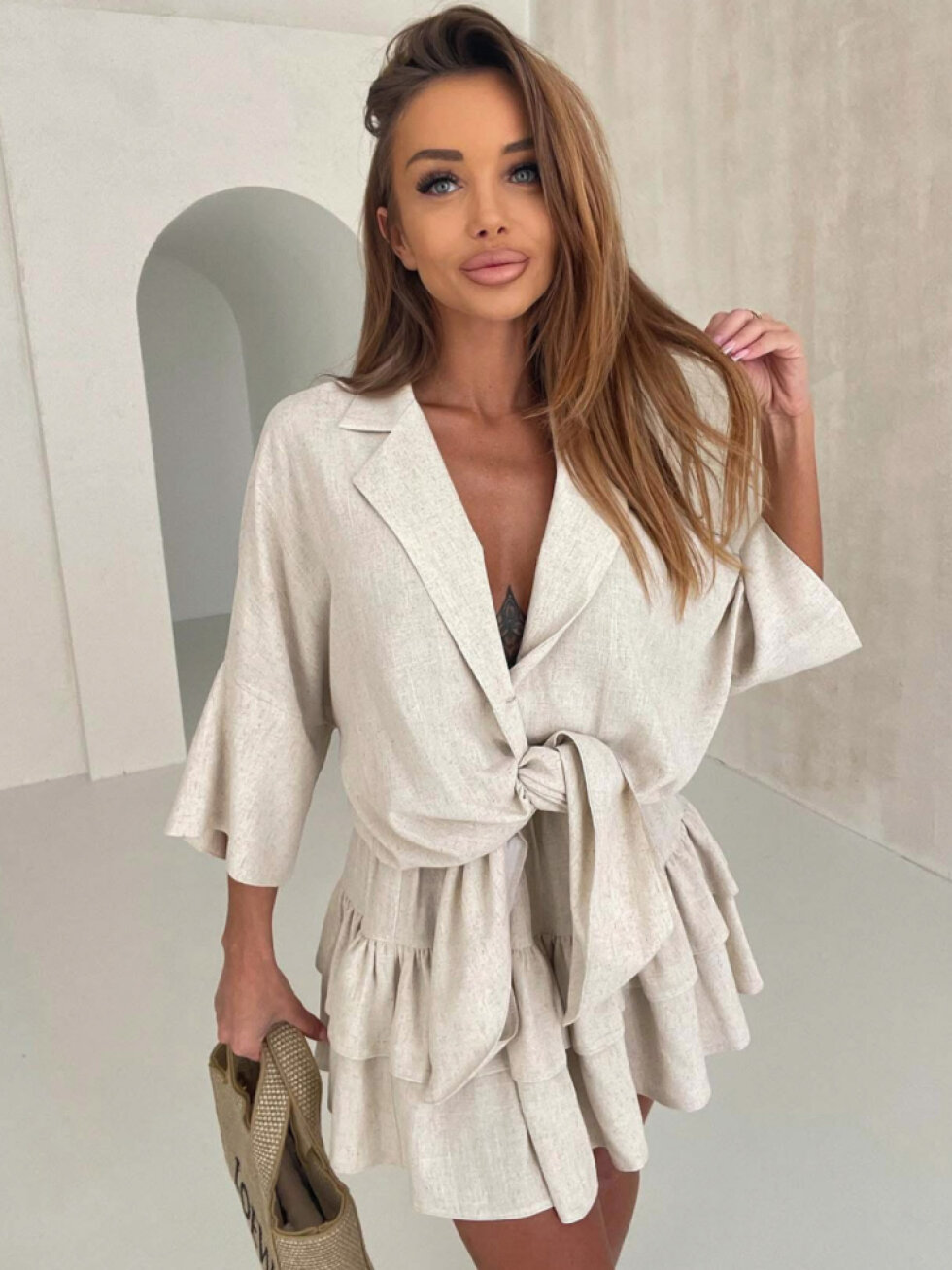 Béžový 100% lněný komplet FEMFUEL se sukní