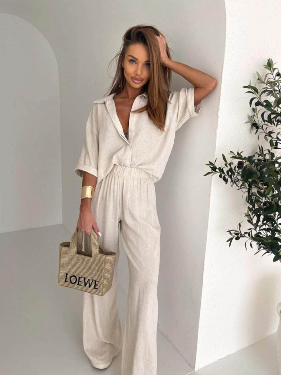 Krémový 100% lněný kalhotový košilový komplet ORIANA