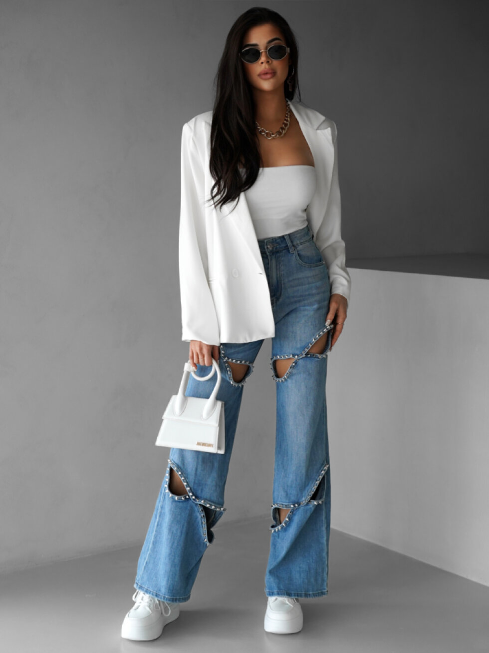 Modré wide leg džíny CHARYTIN s cvoky