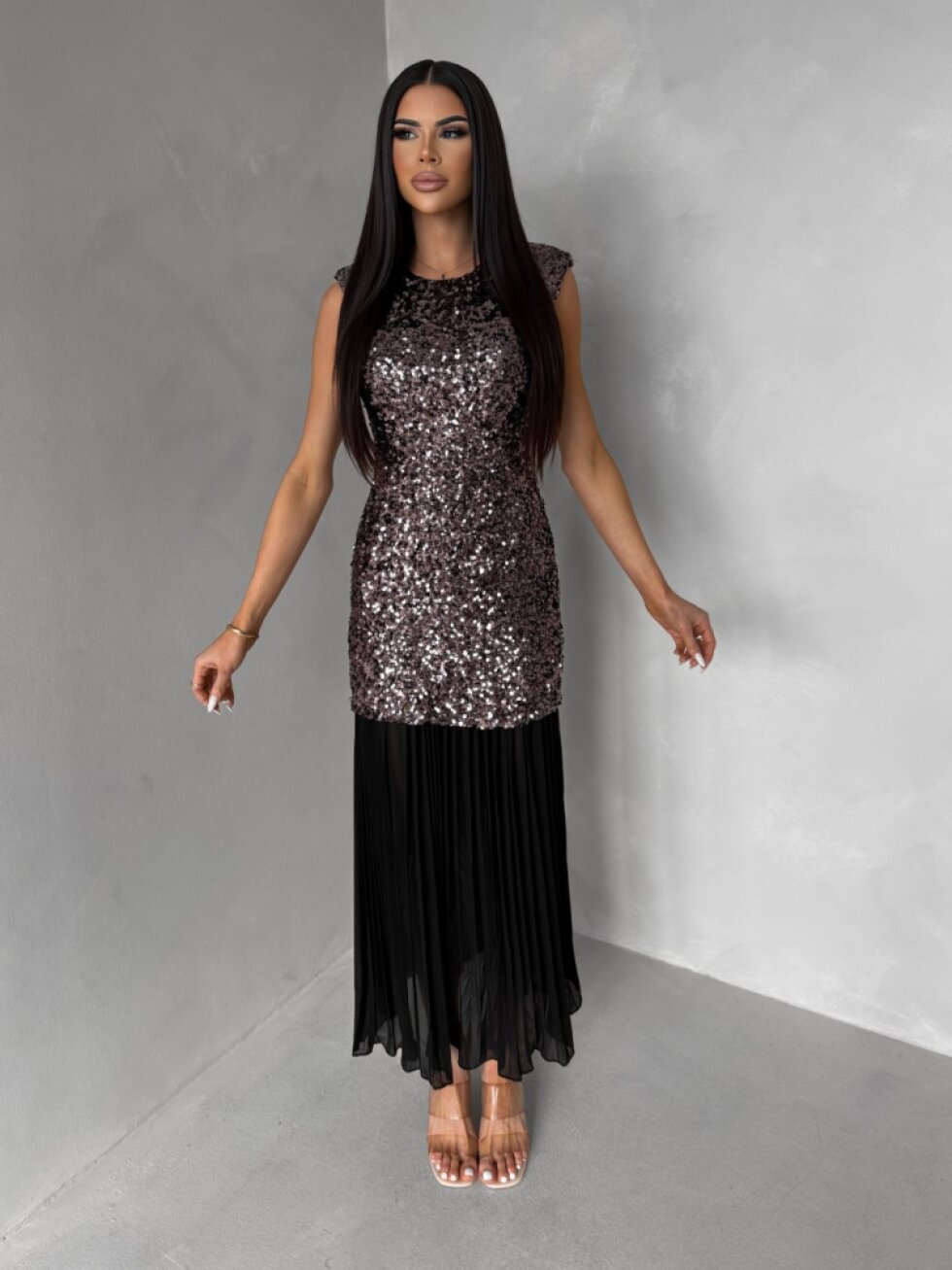 Vínové společenské dlouhé třpytivé šaty SECTOR