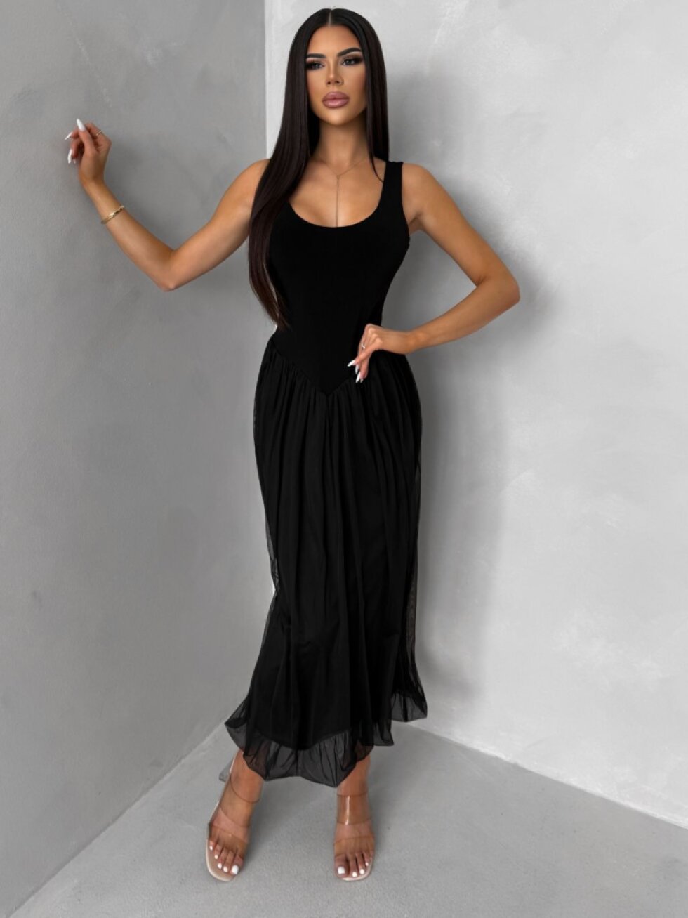 Černé elegantní tvarující šaty KRYLON s šifonovou sukní