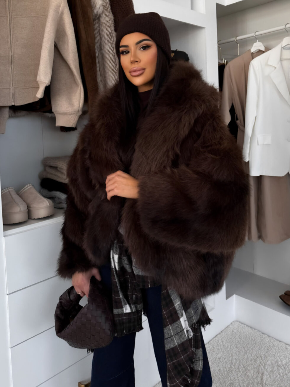 Hnědý faux fur kožešinový kabátek KIRELIA