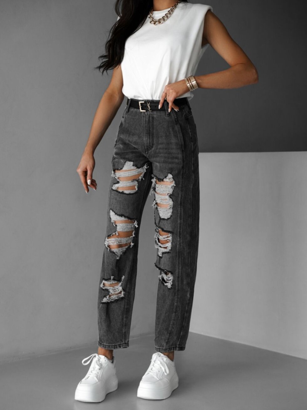 Šedé roztrhané mom džíny DALIDA