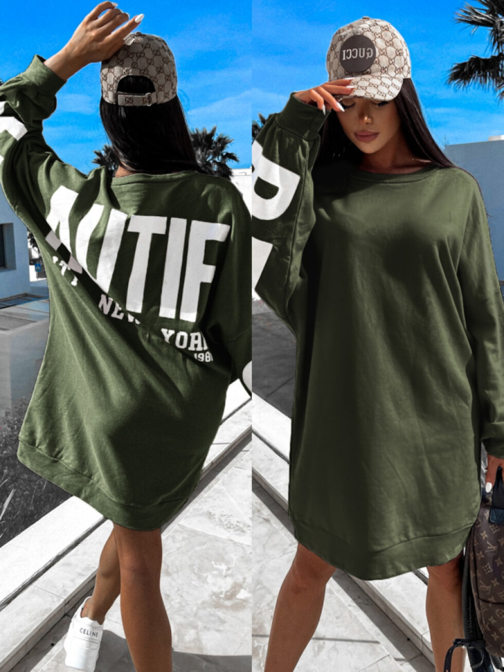 Khaki oversize mikina HUGHEN s potisky