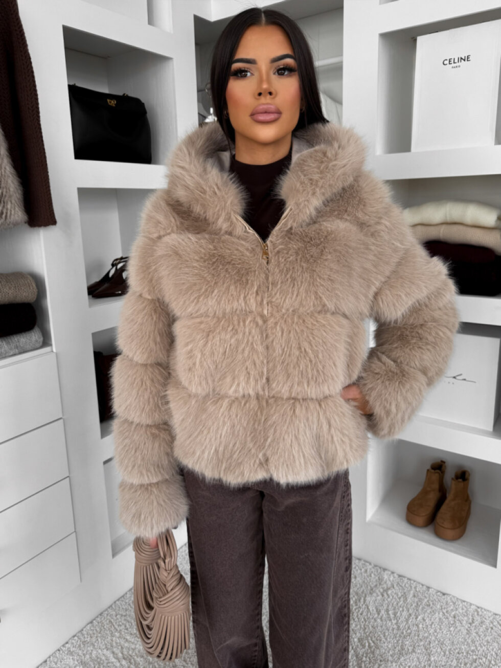 Béžový faux fur kožešinový kabátek TORLITA