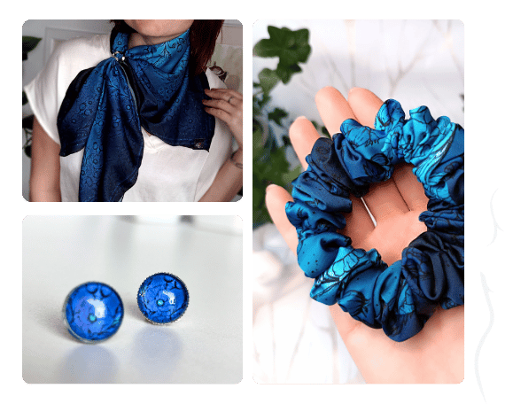 Úzká scrunchie gumička - Máky v královské modré