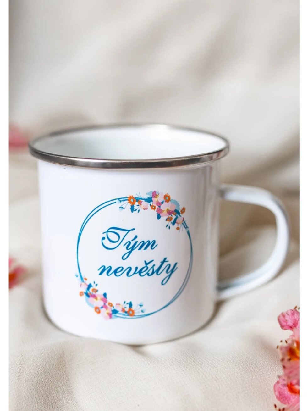 Bílý plecháček - Tým nevěsty modrý věneček