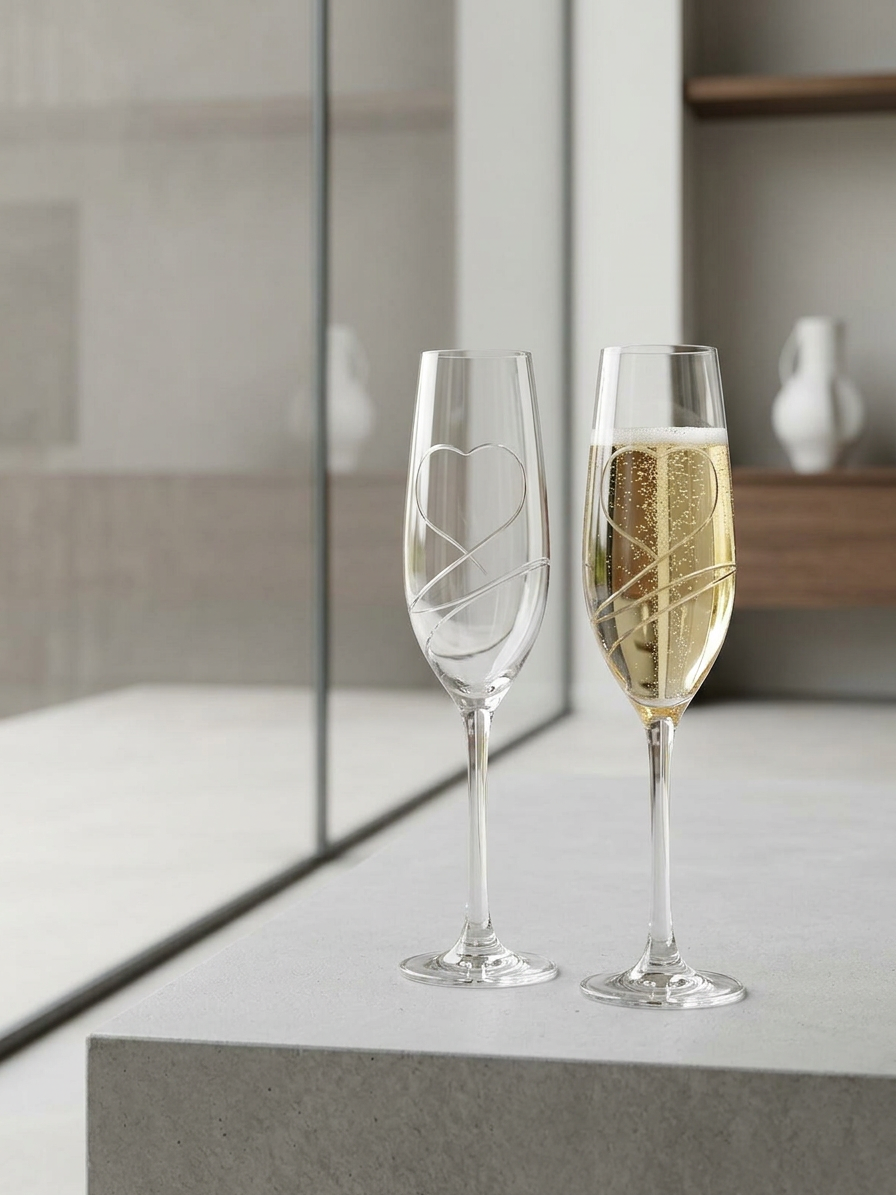 Svatební skleničky na prosecco s broušeným srdcem, 2 ks