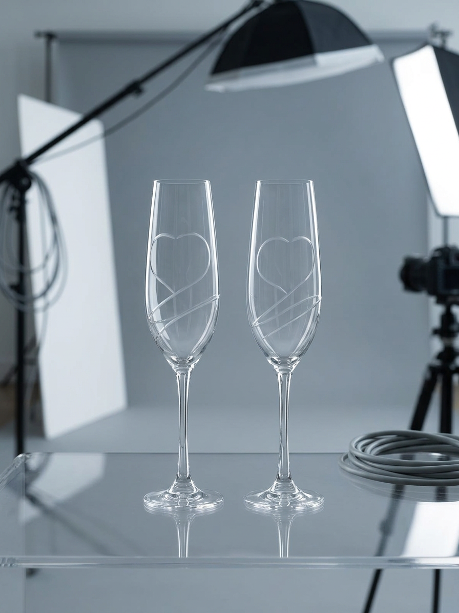 Svatební skleničky na prosecco s broušeným srdcem, 2 ks