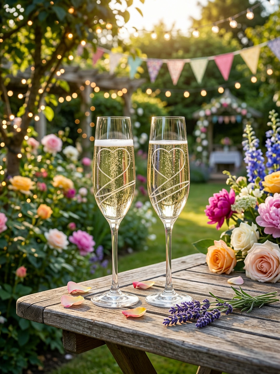 Svatební skleničky na prosecco s broušeným srdcem, 2 ks