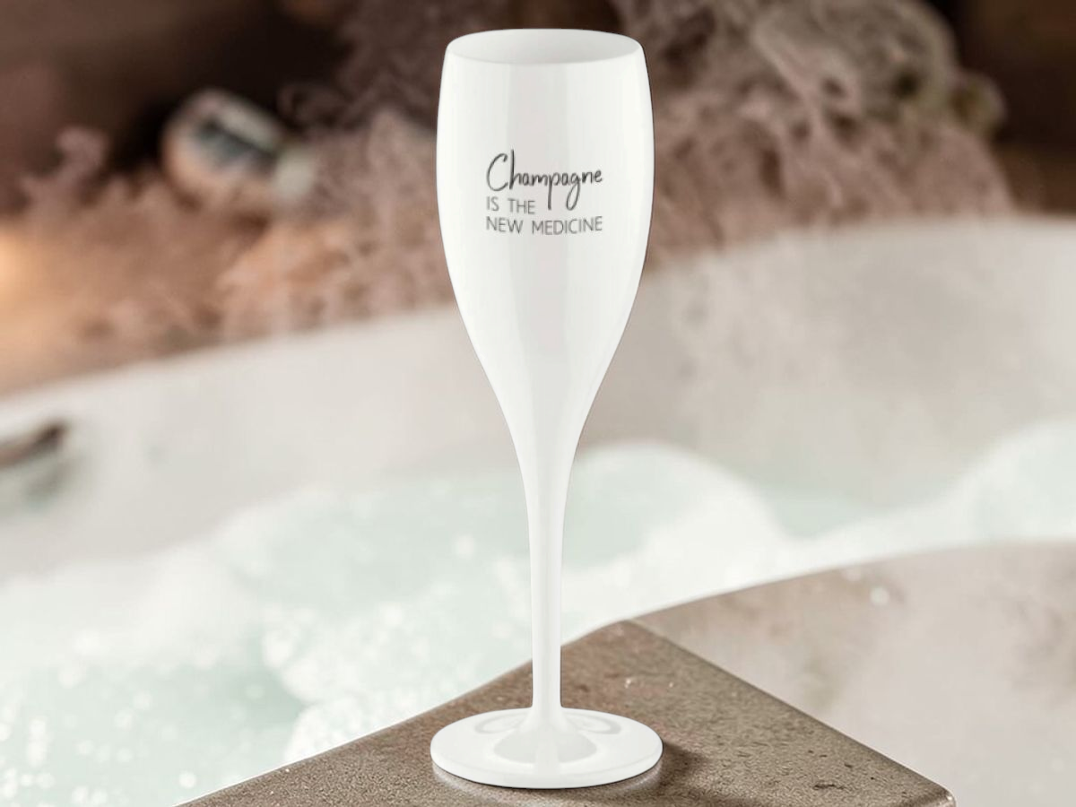 Sklenička CHEERS 100 ml, bílá s potiskem Champagne is the new medicine, Koziol