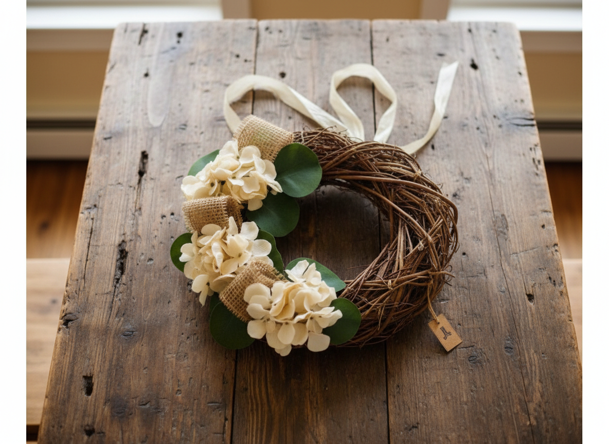 Dekorace věnec s hortenzií 25 cm + stuha krémový/přírodní