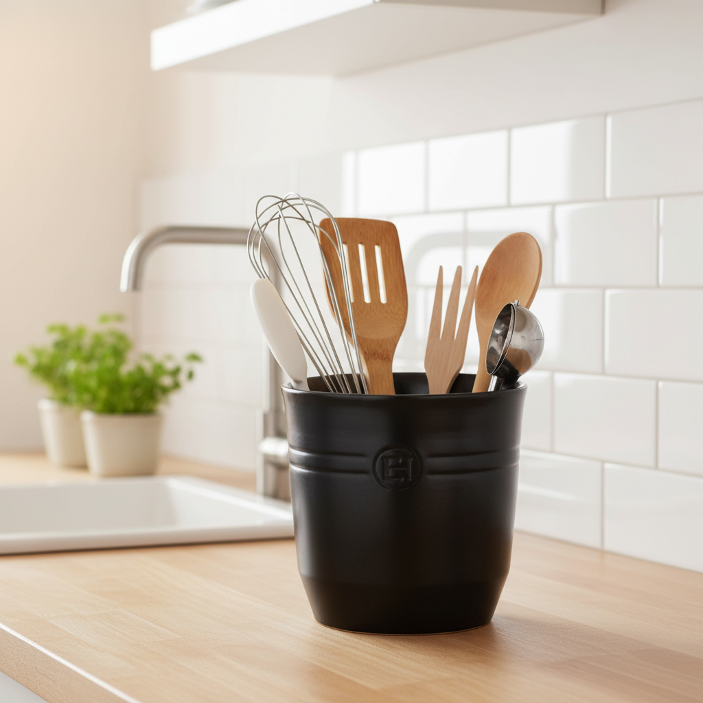 Keramická nádoba na kuchyňské náčiní 16,5 cm černá lanýžová