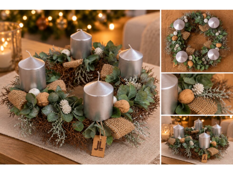 Adventní věnec SILVER NATURE se 4 stříbrnými svíčkami Ø 35 cm