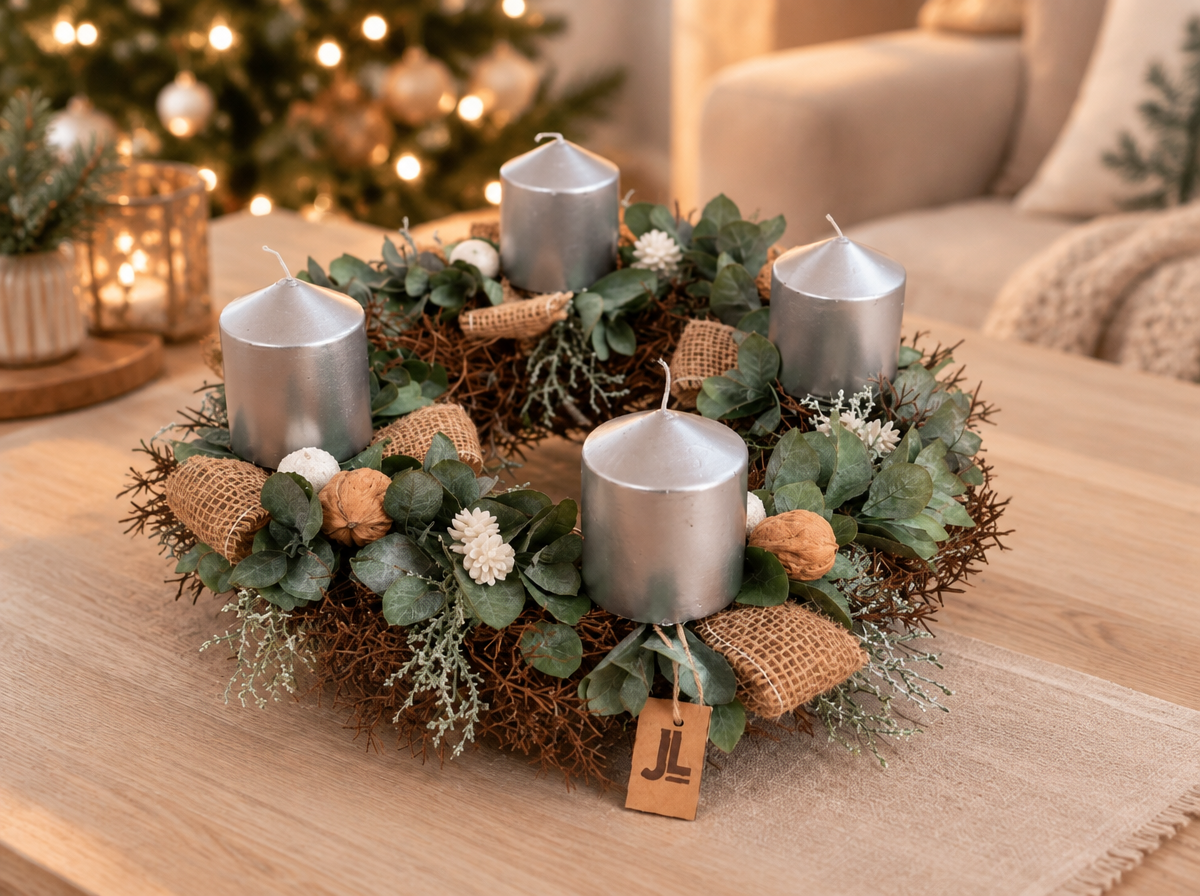 Adventní věnec SILVER NATURE se 4 stříbrnými svíčkami Ø 35 cm