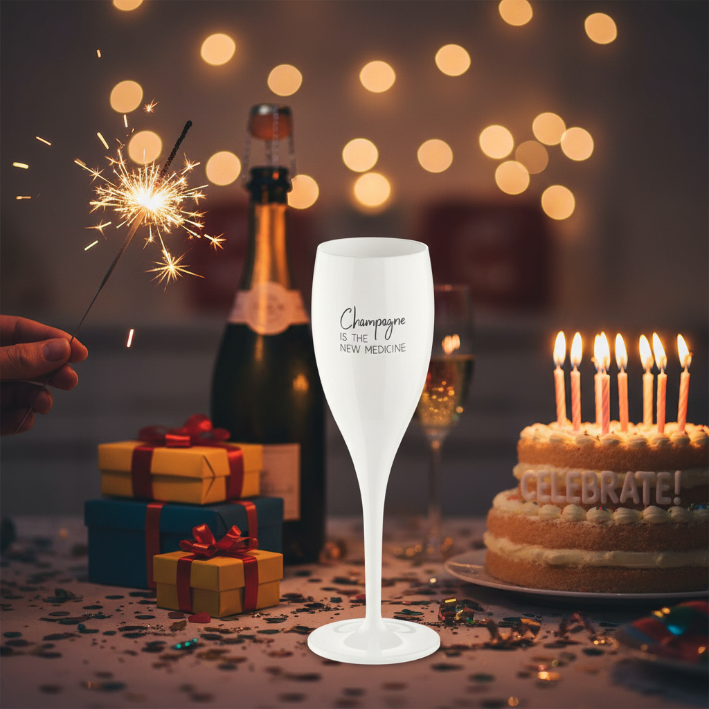 Sklenička CHEERS 100 ml, bílá s potiskem Champagne is the new medicine, Koziol