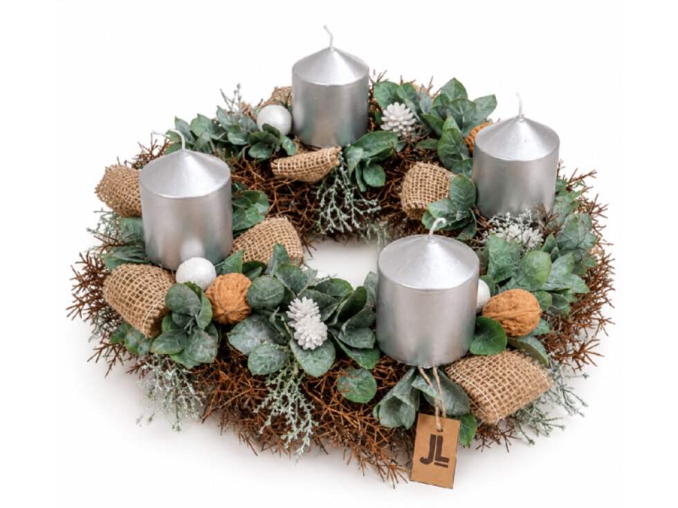 Adventní věnec SILVER NATURE se 4 stříbrnými svíčkami Ø 35 cm