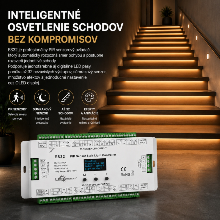 PIR senzorový ovládač osvetlenia schodov - jednofarebné a digitálne LED Pásy