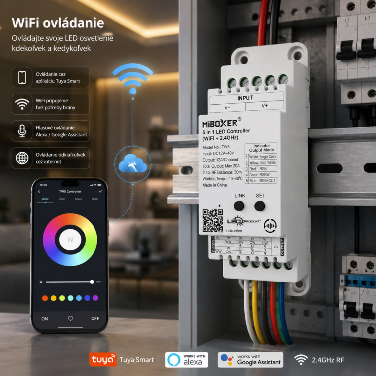 LED prijímač na DIN lištu TW5 5in1, 20A - 2,4GHz WIFI