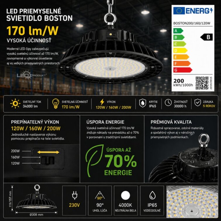 LED priemyselné svietidlo BOSTON 200/160/120W 4000K IP65 170Lm/W