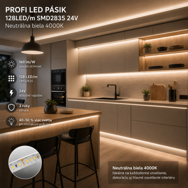 PROFI LED pásik 128LED/m SMD2835 9,6W/m neutrálna biela IP20 24V - vysokosvietivý