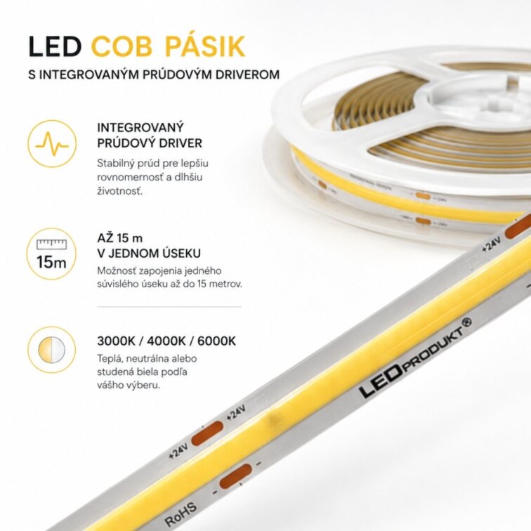 PROFI LED pásik 480LED/m COB 9,6W/m prúd. driver teplá biela IP20 24V