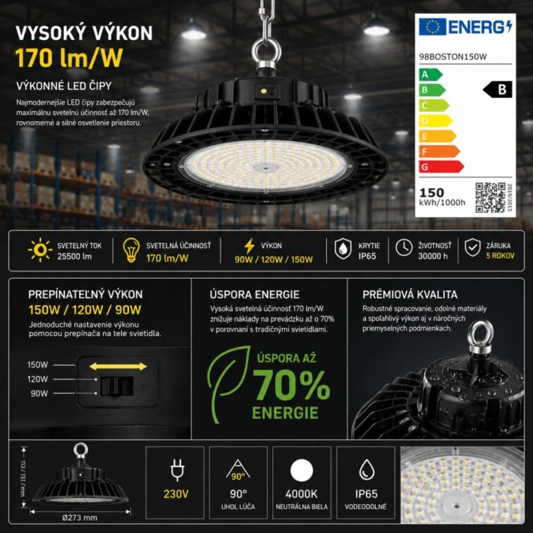 LED priemyselné svietidlo BOSTON 150/120/90W 4000K IP65 170Lm/W