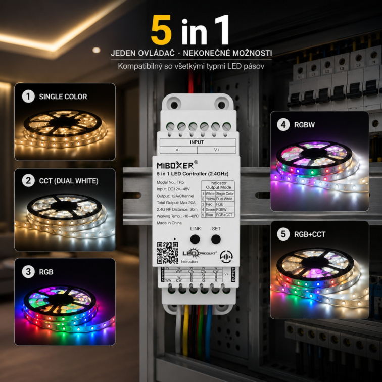 LED prijímač na DIN lištu TW5 5in1, 20A - 2,4GHz WIFI