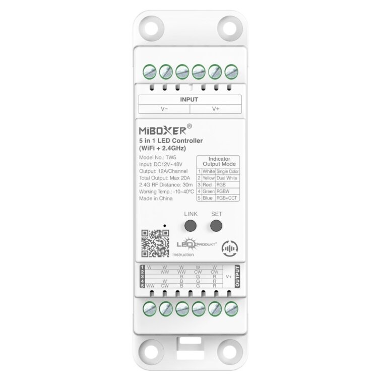 LED prijímač na DIN lištu TW5 5in1, 20A - 2,4GHz WIFI