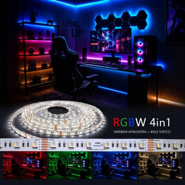 5m PROFI LED pásik RGBW 4in1 60LED/m 16W/m 24V IP20 – RGB+studená biela