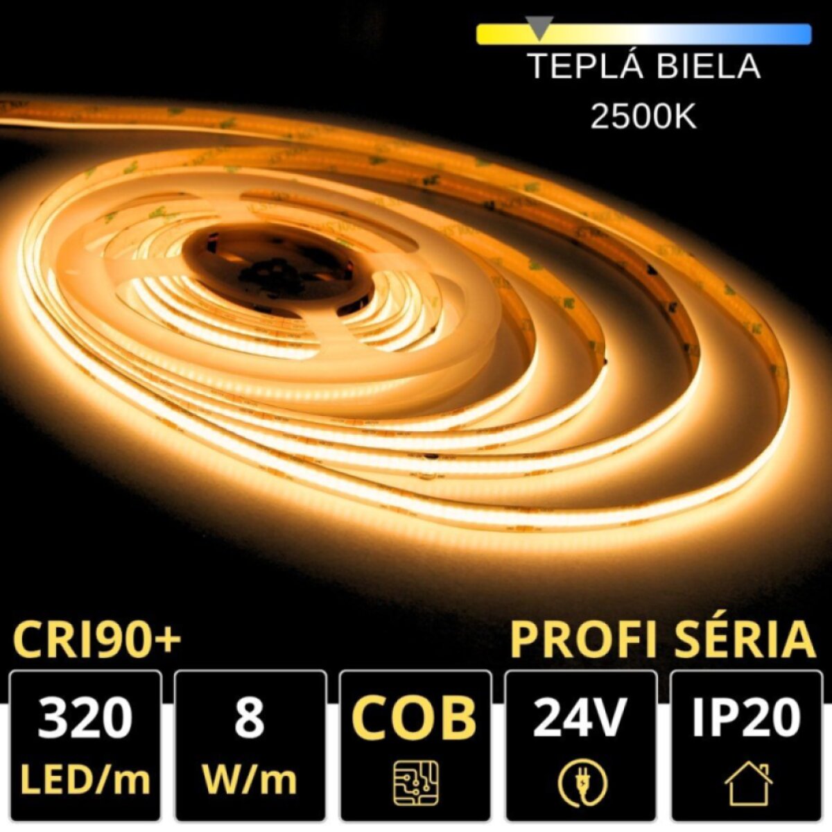 PROFI LED pásik 320LED/m COB 8W/m 2500K teplá biela IP20 24V
