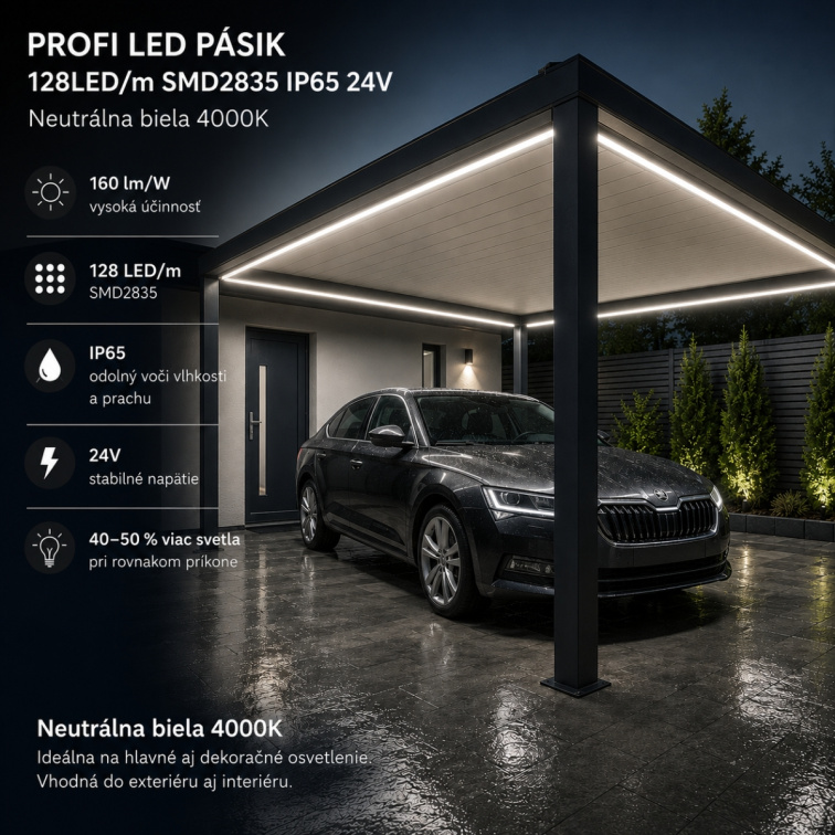 PROFI LED pásik 128LED/m SMD2835 9,6W/m neutrálna biela IP65 24V - vysokosvietivý