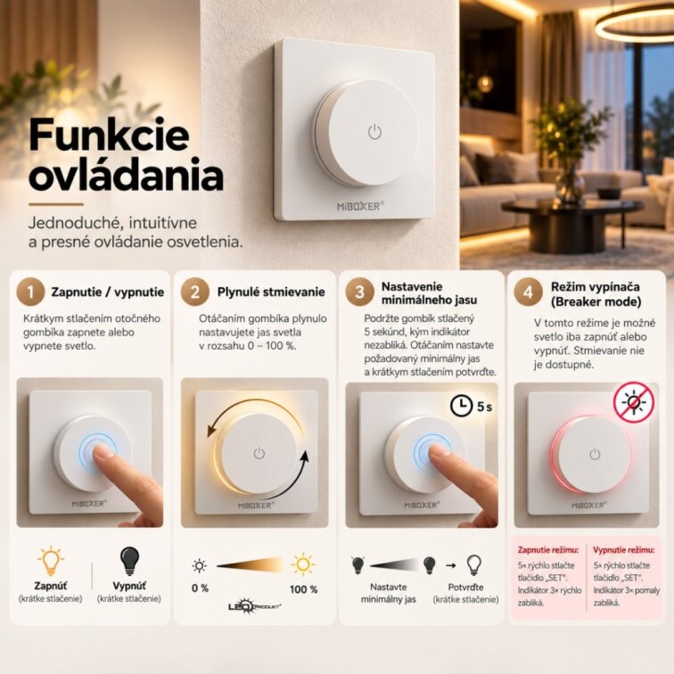 Nástenný otočný TRIAC stmievač 230V, 2,4 GHz - WIFI