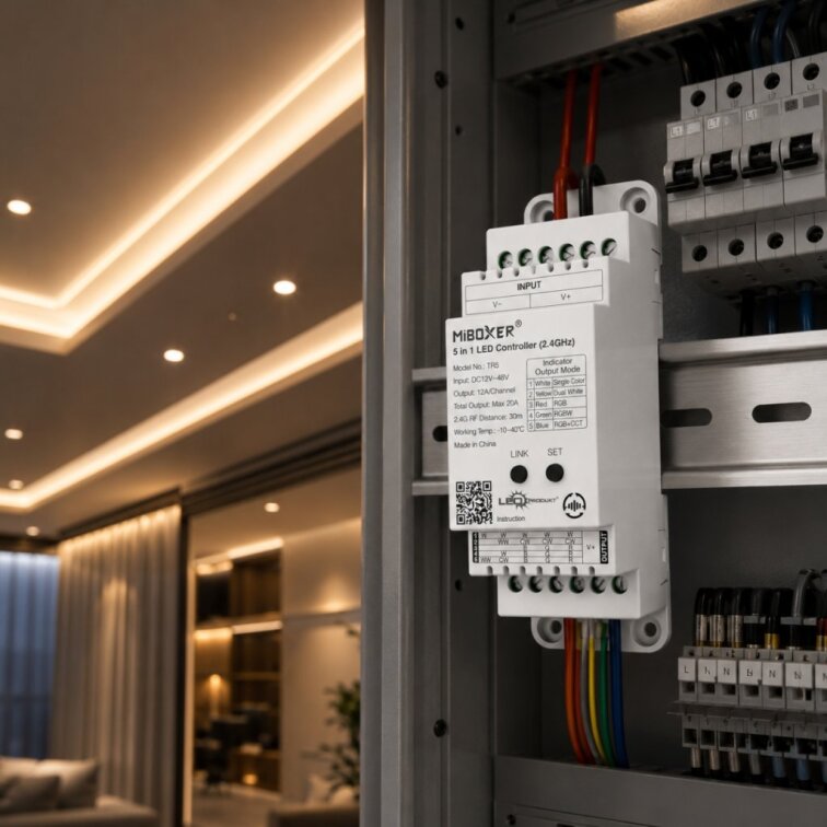 LED prijímač na DIN lištu TR5 5in1, 20A - 2,4GHz