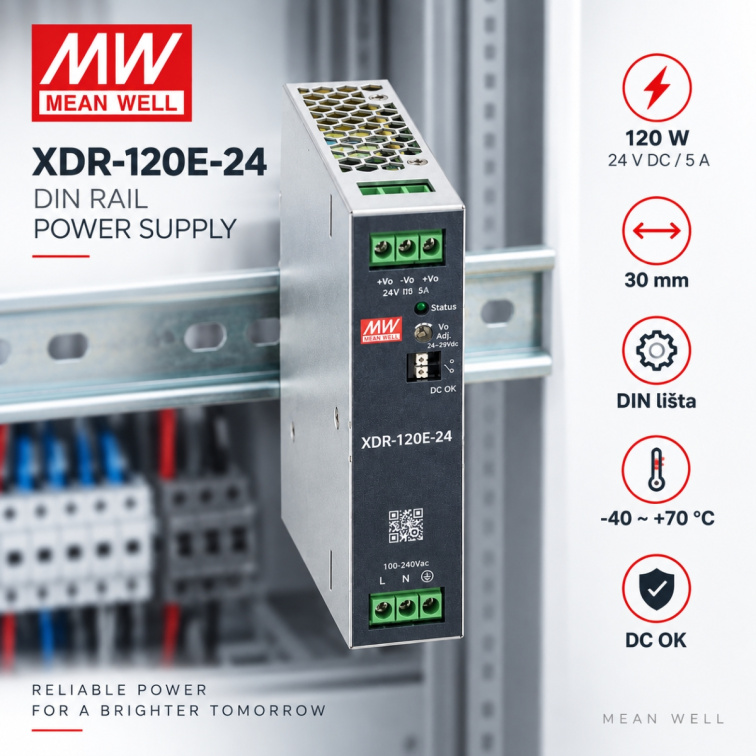 LED napájací zdroj XDR 120W, 24V na DIN lištu MEAN-WELL