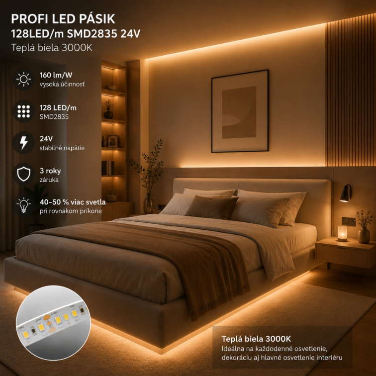 PROFI LED pásik 128LED/m SMD2835 9,6W/m teplá biela IP20 24V - vysokosvietivý