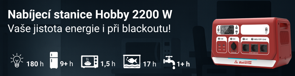Nabíjecí stanice Hobby 2200 W – vaše jistota energie i při blackoutu. Zajistí světlo 180 h, lednici 9+ h, mikrovlnku 1,5 h, akvárium 17 h a další spotřebiče.