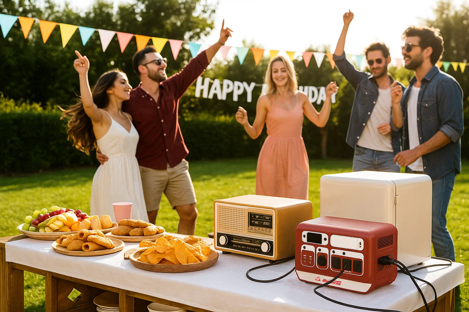 Nabíjecí stanice Hobby 2200 W dodává elektřinu během zahradní oslavy – napájí chladničku a rádio, zatímco hosté si užívají hudbu a zábavu venku.