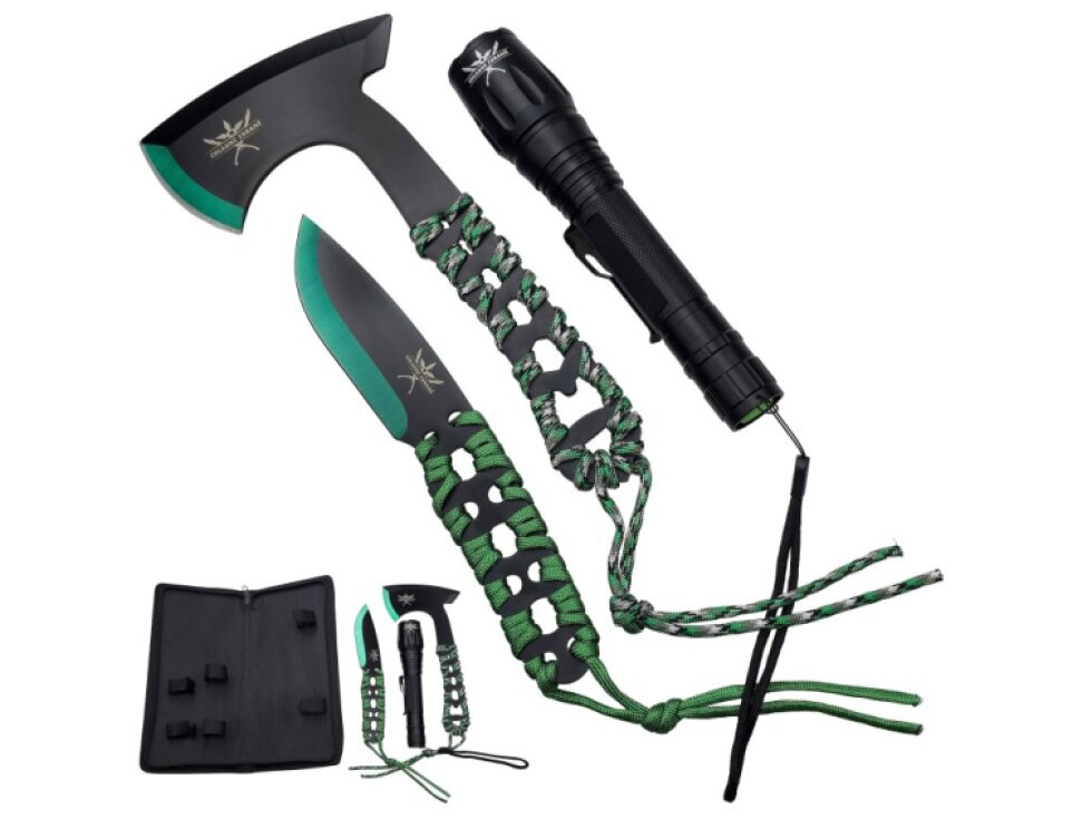 Outdoorová sada "GREEN TOOL SET" Sekera, nůž a svítilna