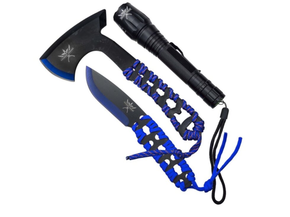 Outdoorová sada "BLUE TOOL SET" Sekera, nůž a svítilna