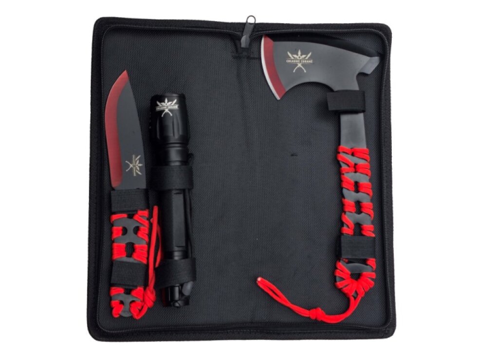 Outdoorová sada "RED TOOL SET" Sekera, nůž a svítilna