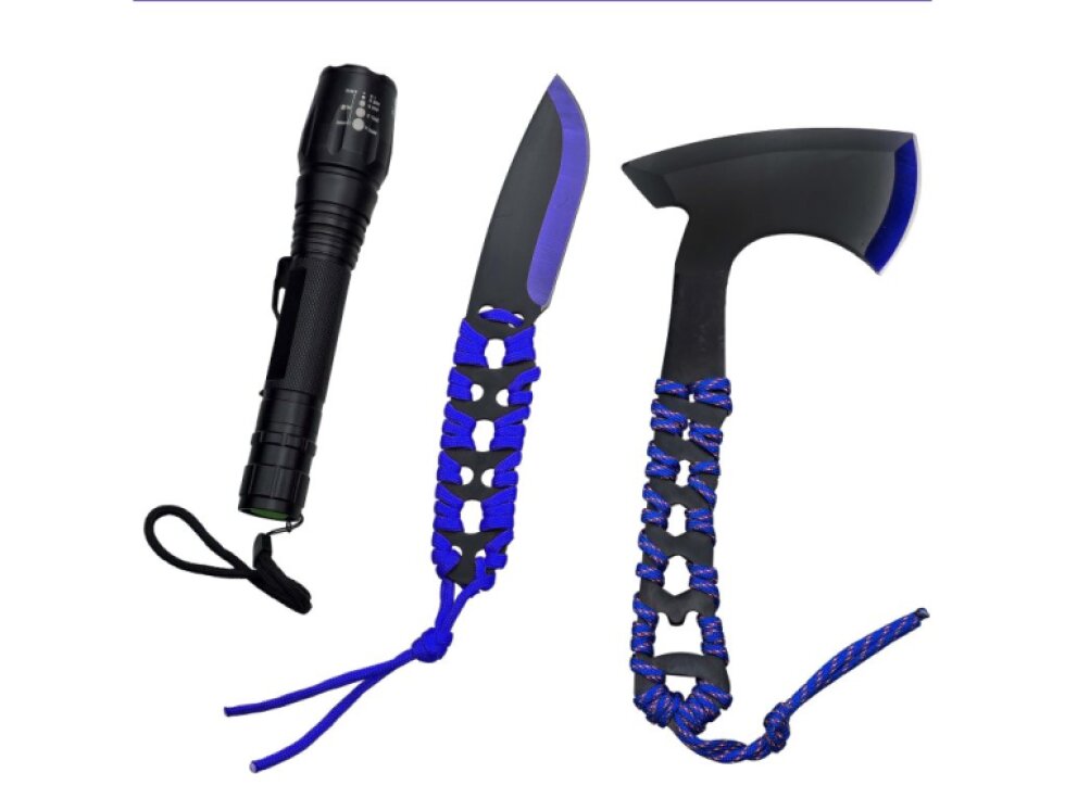 Outdoorová sada "BLUE TOOL SET" Sekera, nůž a svítilna