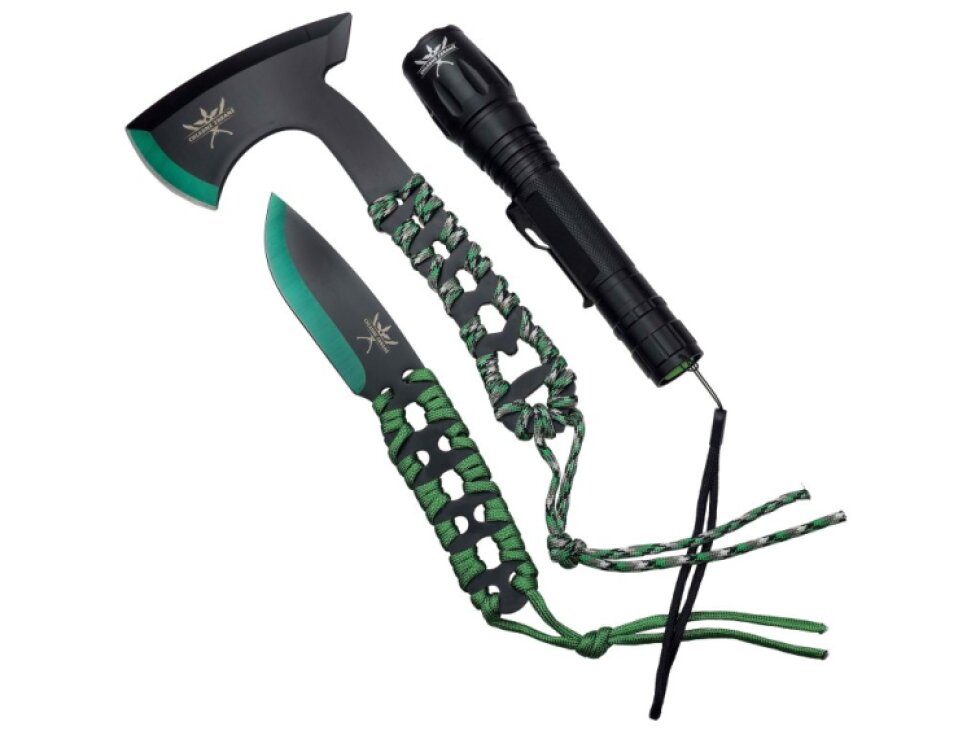 Outdoorová sada "GREEN TOOL SET" Sekera, nůž a svítilna