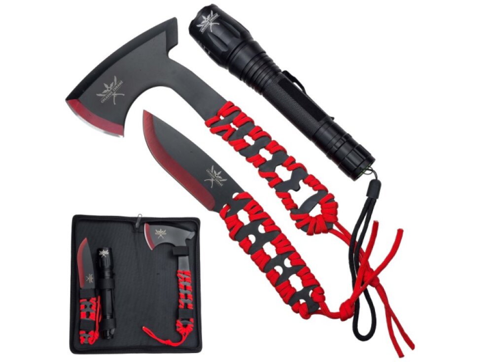 Outdoorová sada "RED TOOL SET" Sekera, nůž a svítilna