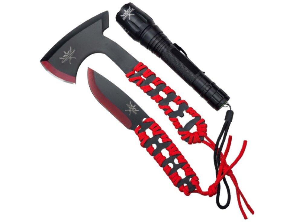 Outdoorová sada "RED TOOL SET" Sekera, nůž a svítilna