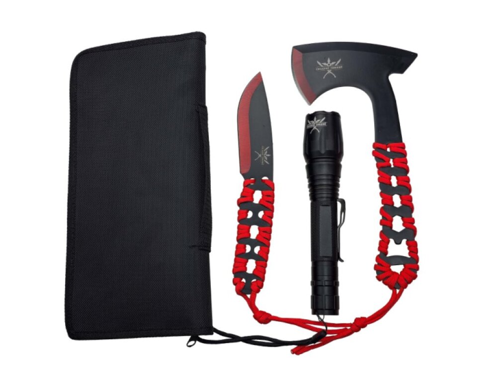 Outdoorová sada "RED TOOL SET" Sekera, nůž a svítilna