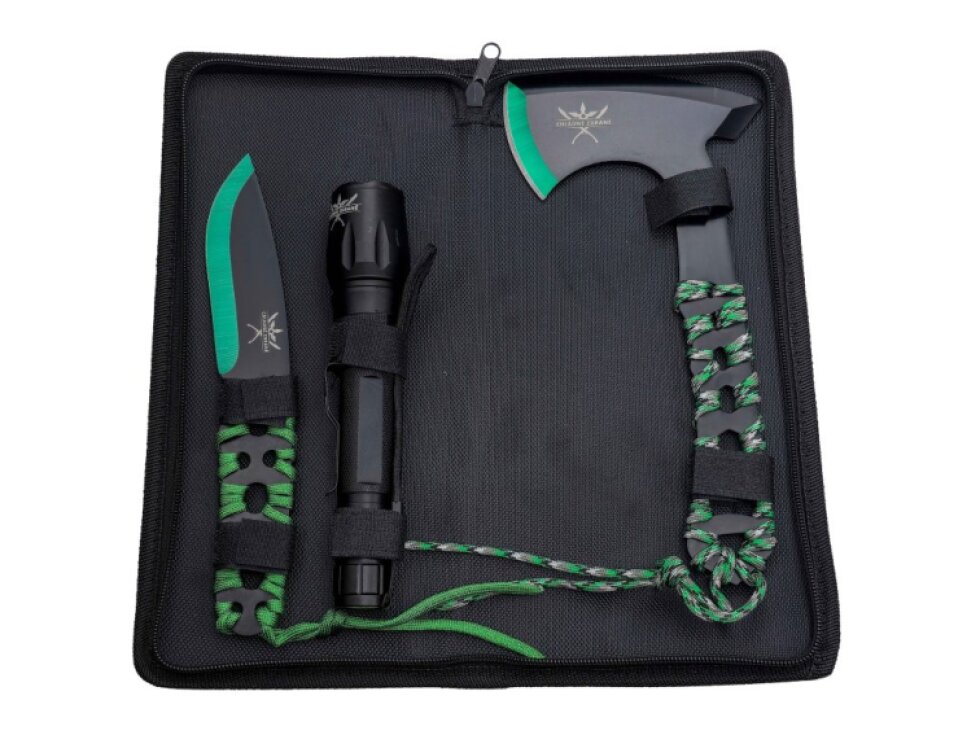 Outdoorová sada "GREEN TOOL SET" Sekera, nůž a svítilna