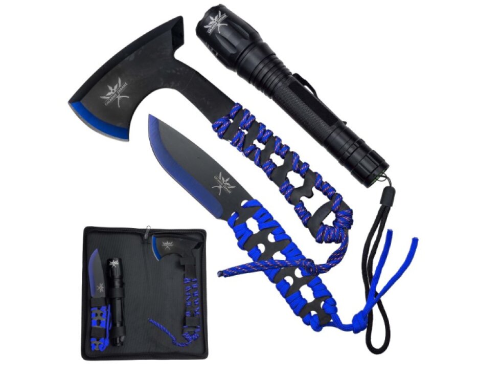 Outdoorová sada "BLUE TOOL SET" Sekera, nůž a svítilna